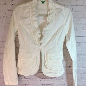 United Colors of Benetton Off White Stretch Cotton Ruffled Lapel Fitted Jacket S